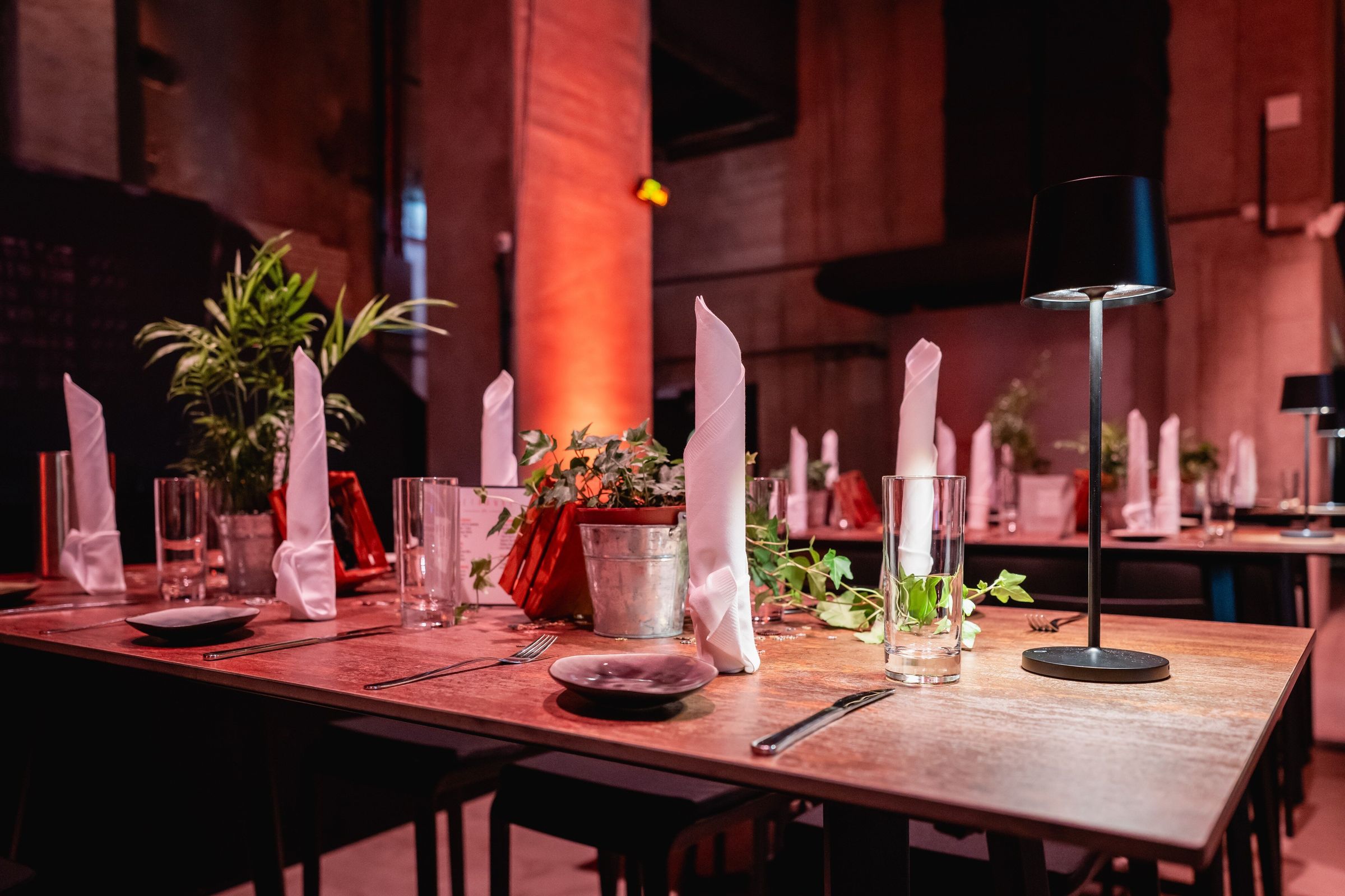 Eingedeckte Tafel mit weißen Servietten, Gläsern und Pflanzentöpfen in der Zentralheize