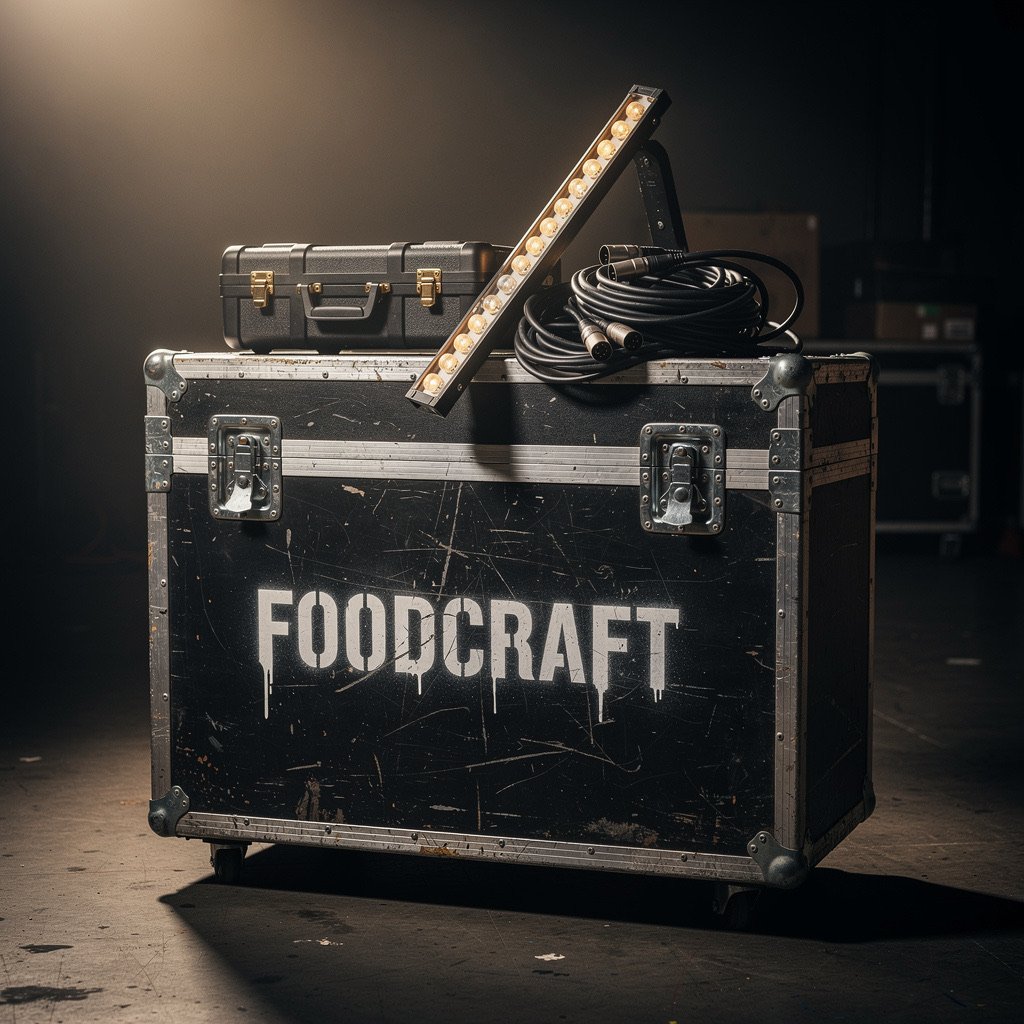 Visualisierung: schwarzes Flight-Case mit Foodcraft-Schriftzug, Sunstrip und Mikrofonkoffer