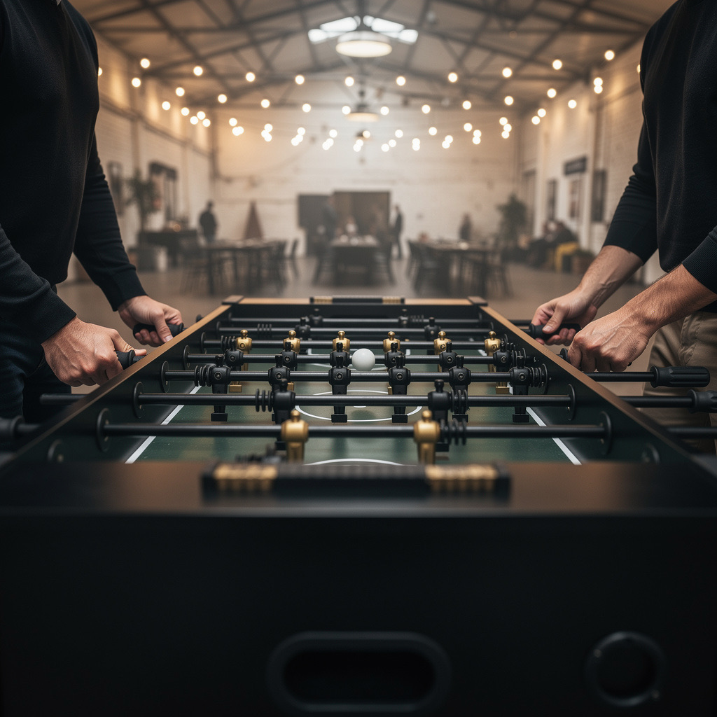 Visualisierung: Tischkicker-Duell in der Eventhalle, Fokus auf Spielfeld und Händen