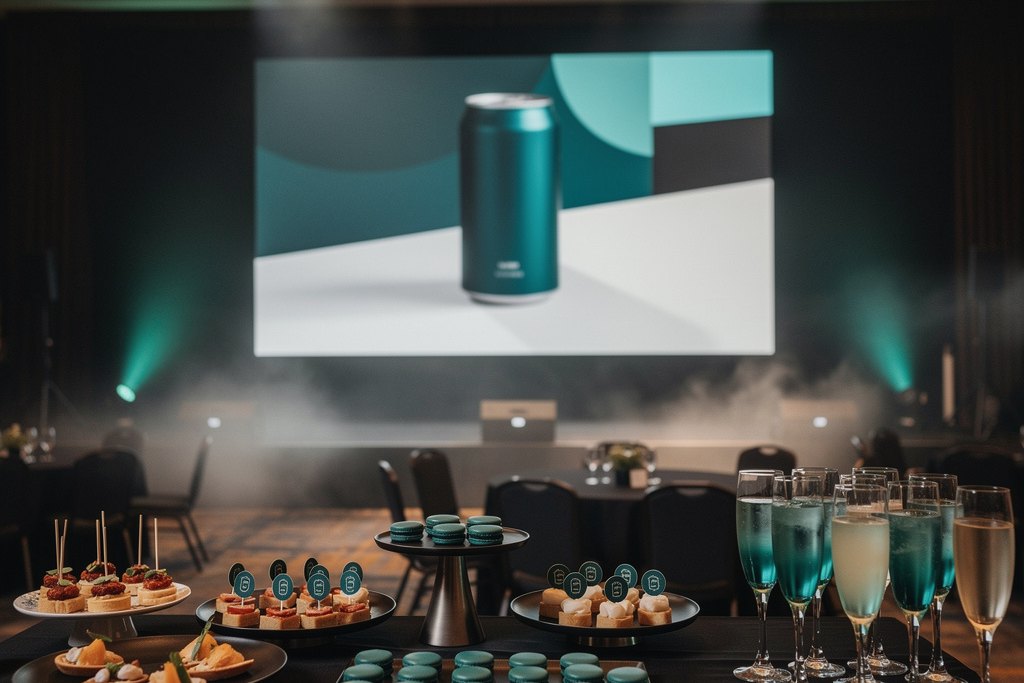 Visualisierung: Produktpräsentation mit großem Screen, davor Fingerfood und Signature Drinks in der Produktfarbe